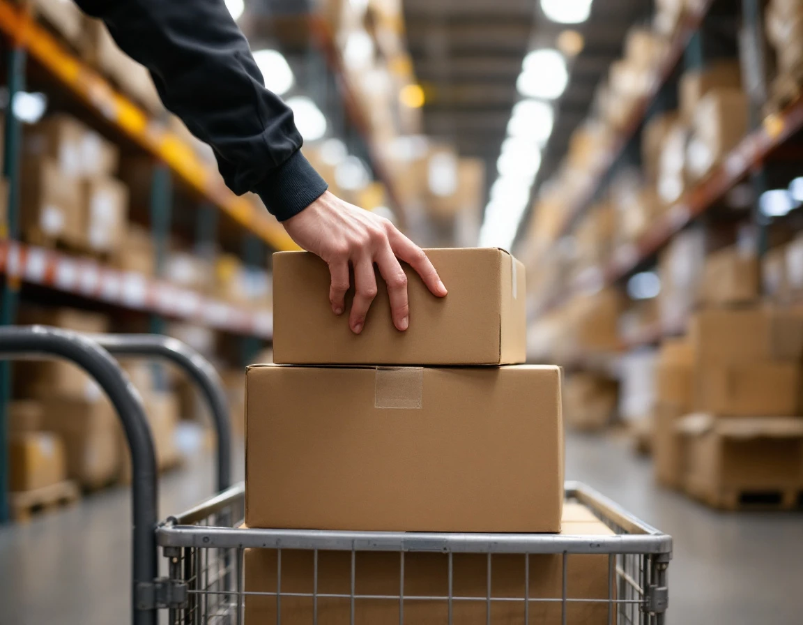 Warehouse worker's hand touching shipping boxes on cart during peak holiday fulfillment season