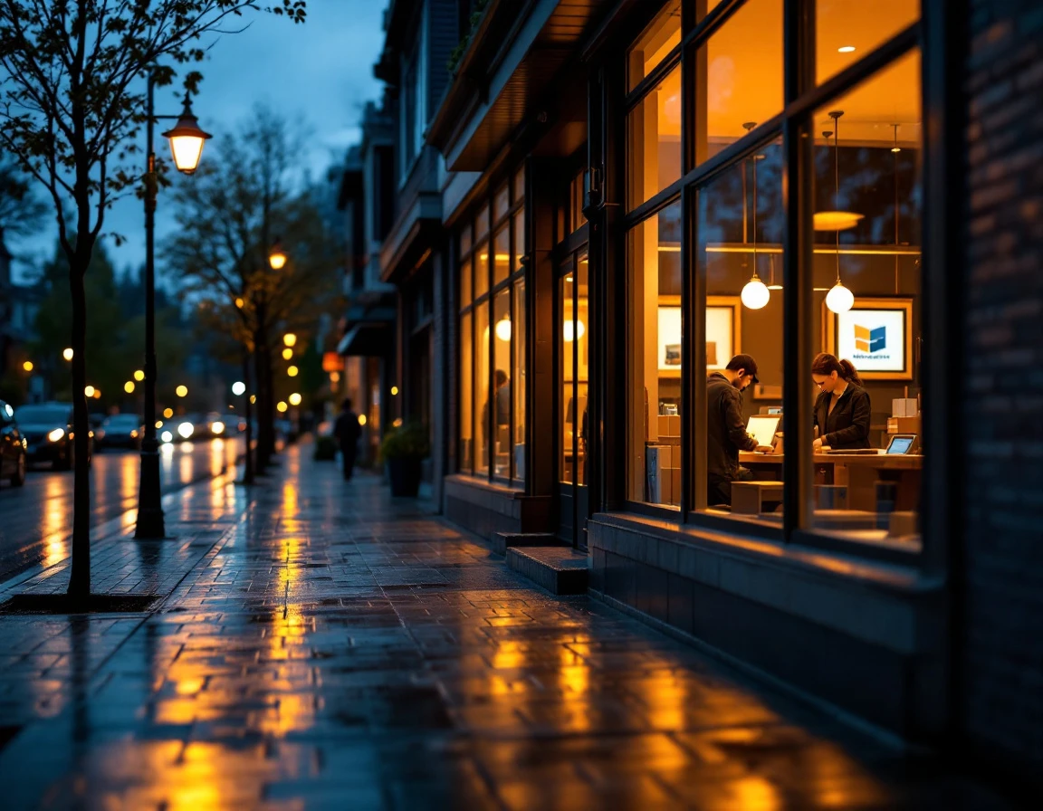 Local pack-and-ship storefront illuminated at dusk with customers inside and wet pavement reflecting evening light