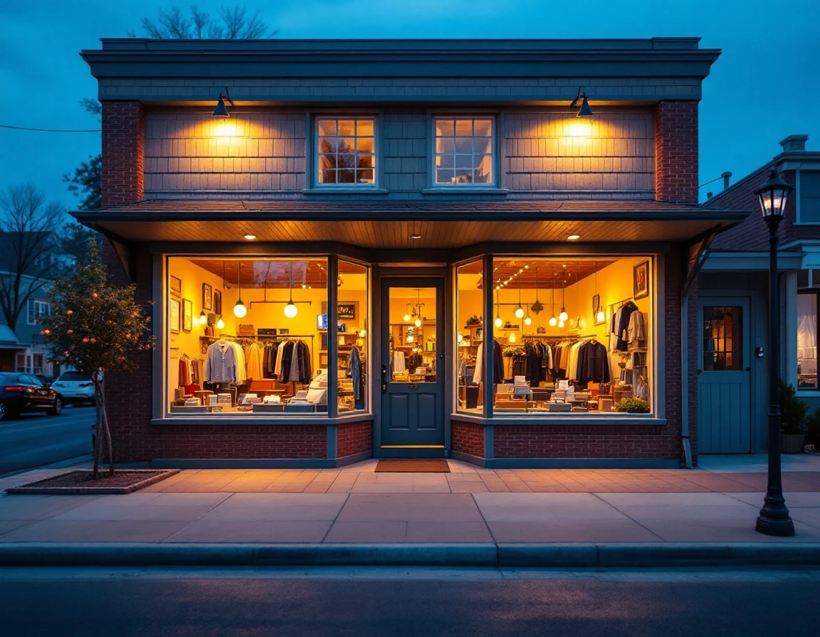 Independent retail shop storefront with warm interior lighting during twilight hours in neighborhood shopping district