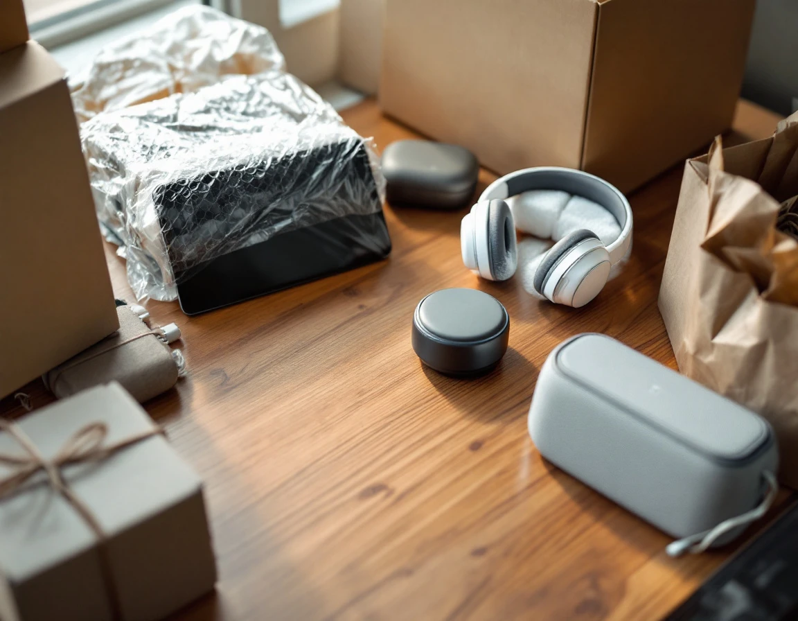 Generic tablet, headphones, and charging cables wrapped in bubble wrap and protective packing materials on wooden desk