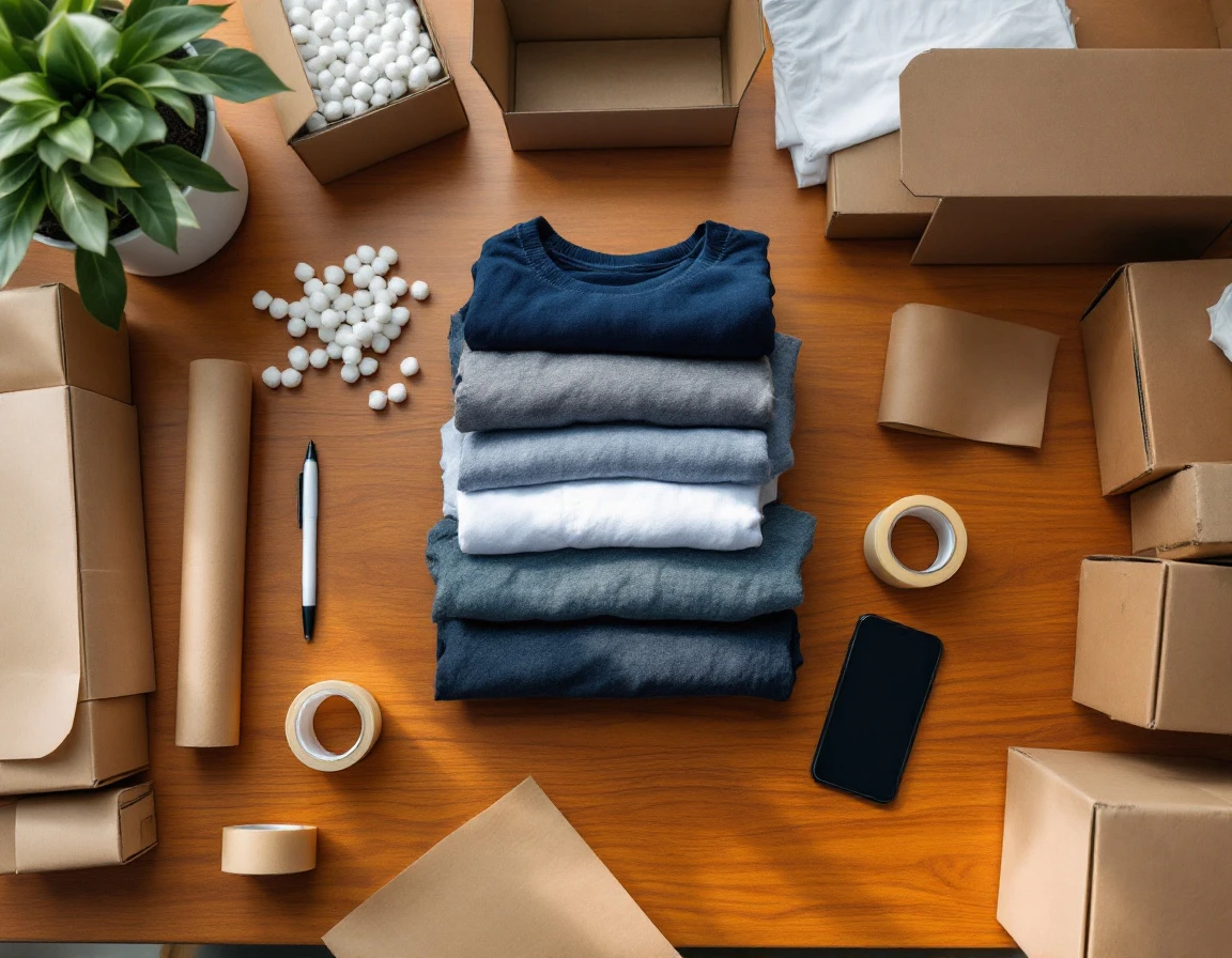 Overhead view of folded clothing, shipping boxes, and packing materials arranged on wooden desk surface
