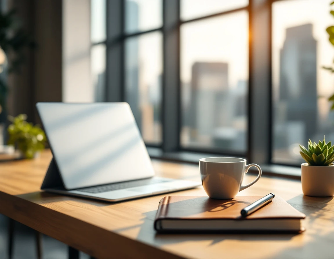 Modern desk workspace with notebook and coffee in urban office with city views through windows