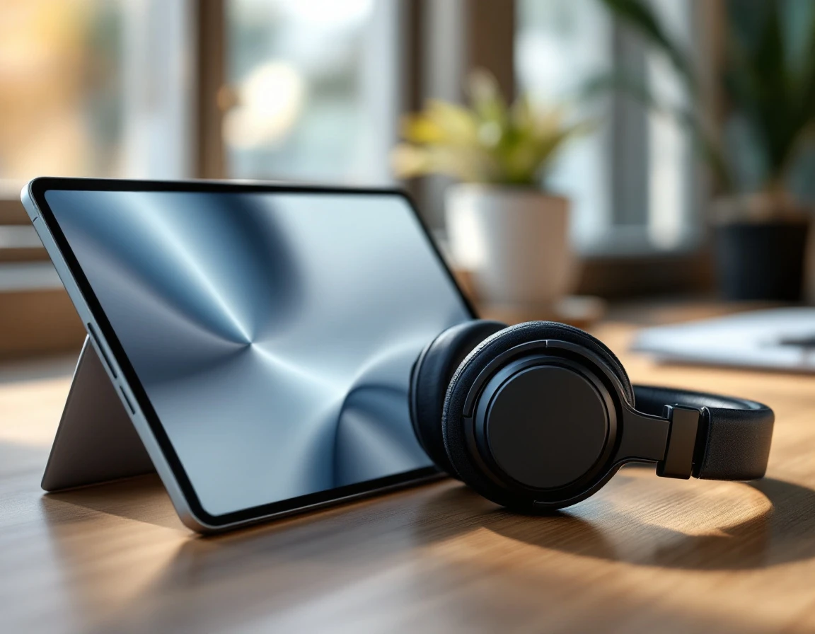 Tablet and headphones on desk representing automated customer service technology for small businesses