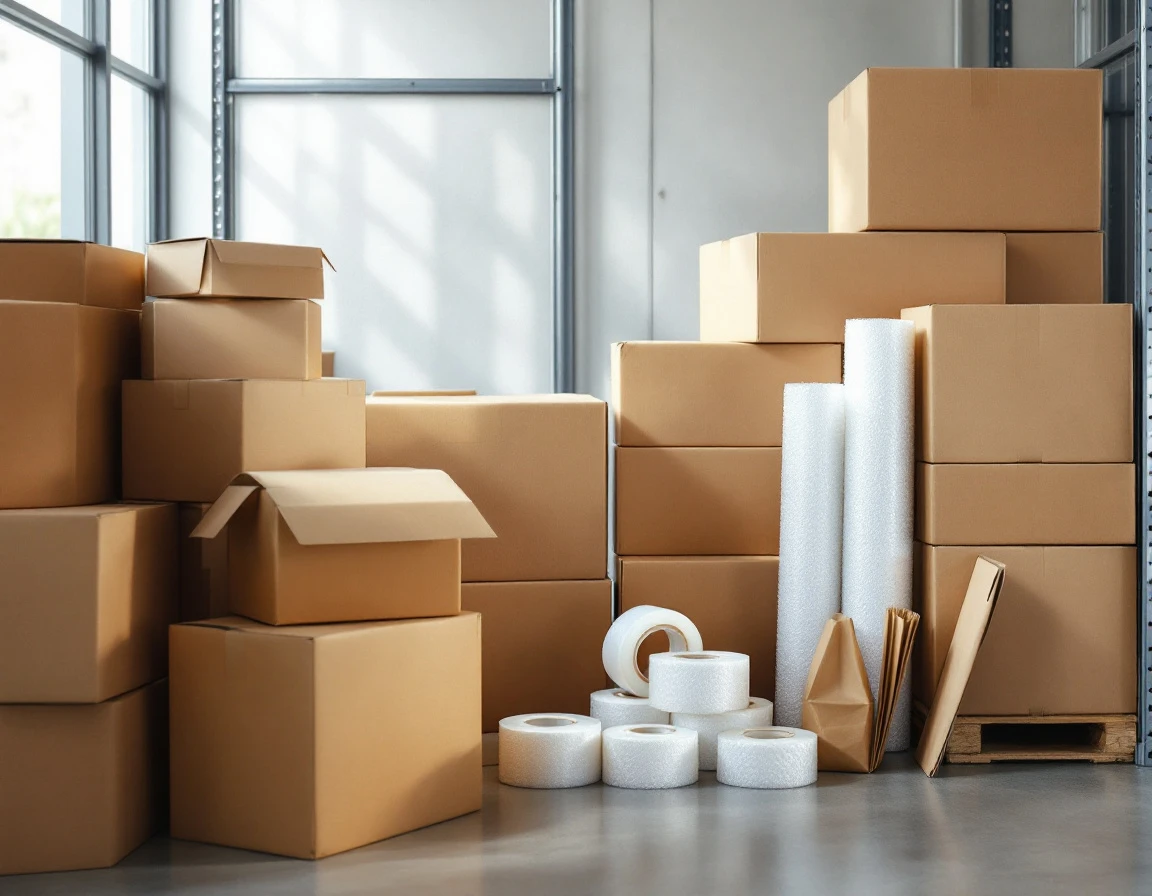 Organized warehouse shelves stocked with corrugated boxes, packing tape, bubble wrap, and shipping mailers