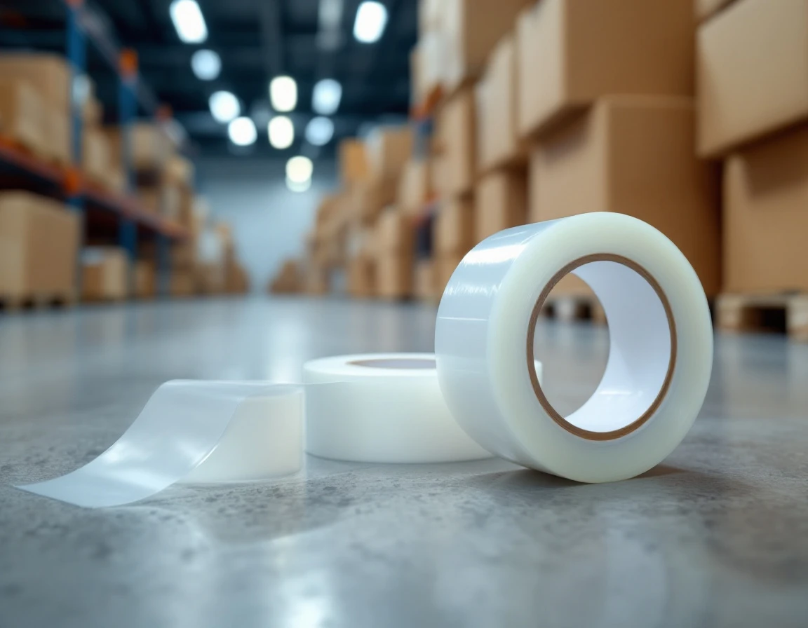 Packing tape rolls and cardboard boxes in warehouse with concrete floor and overhead lighting