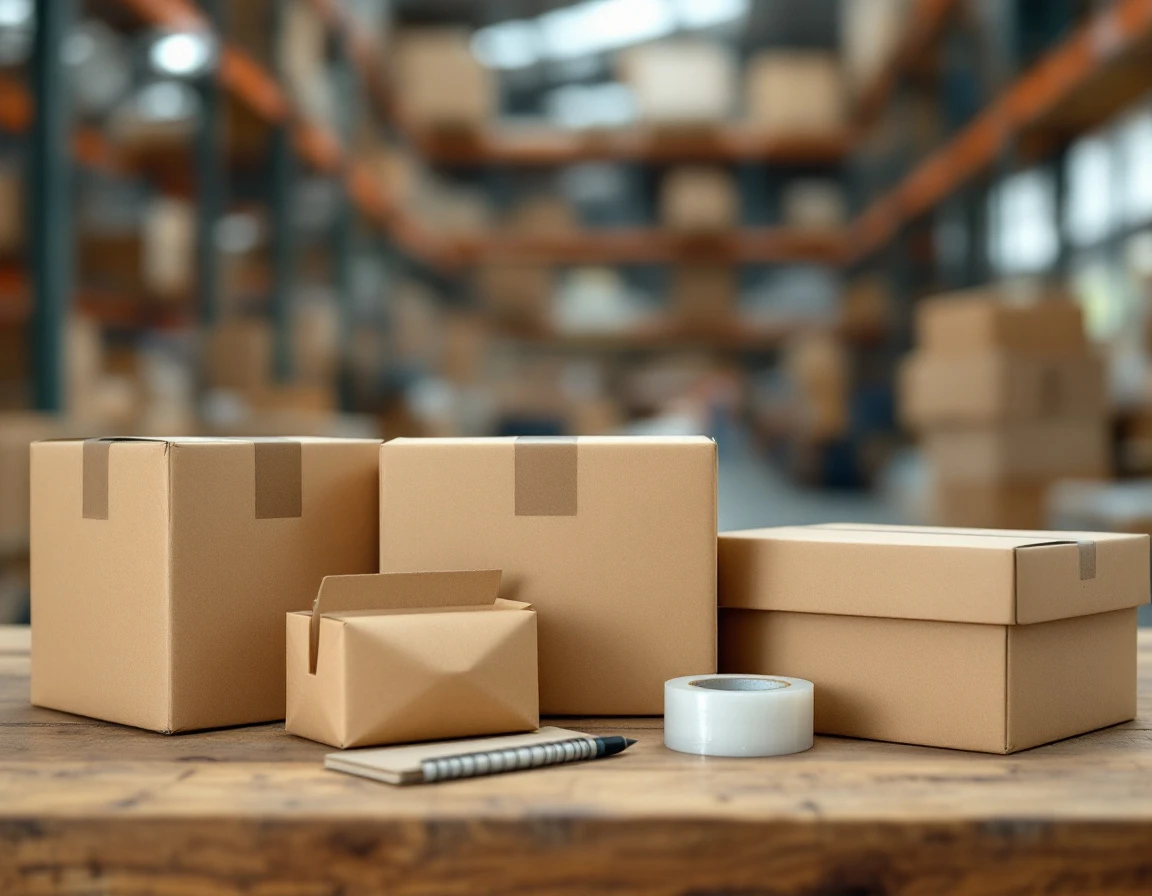 Cardboard boxes, packing tape, and shipping mailers on wooden surface in warehouse setting