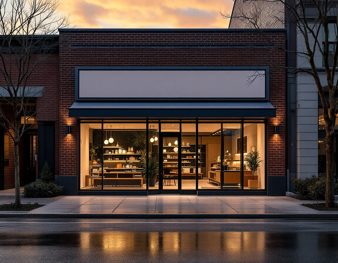Contemporary retail storefront with large windows and modern architecture at twilight