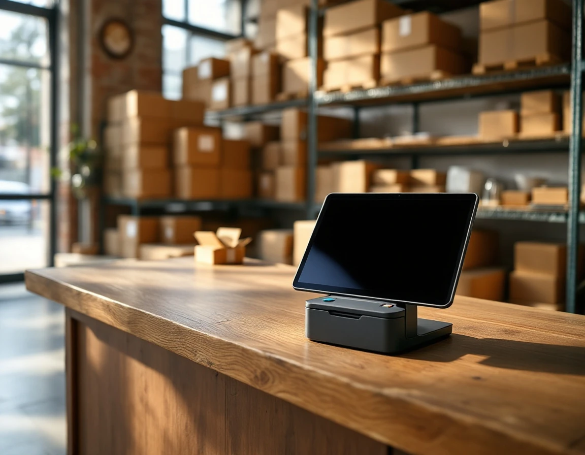 Point-of-sale payment terminal and printer on wooden counter with shipping boxes in retail pack-and-ship store