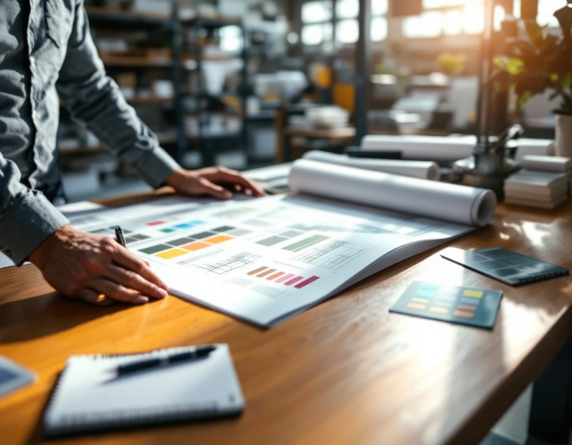 Print shop manager's workspace with printed samples and planning materials on desk