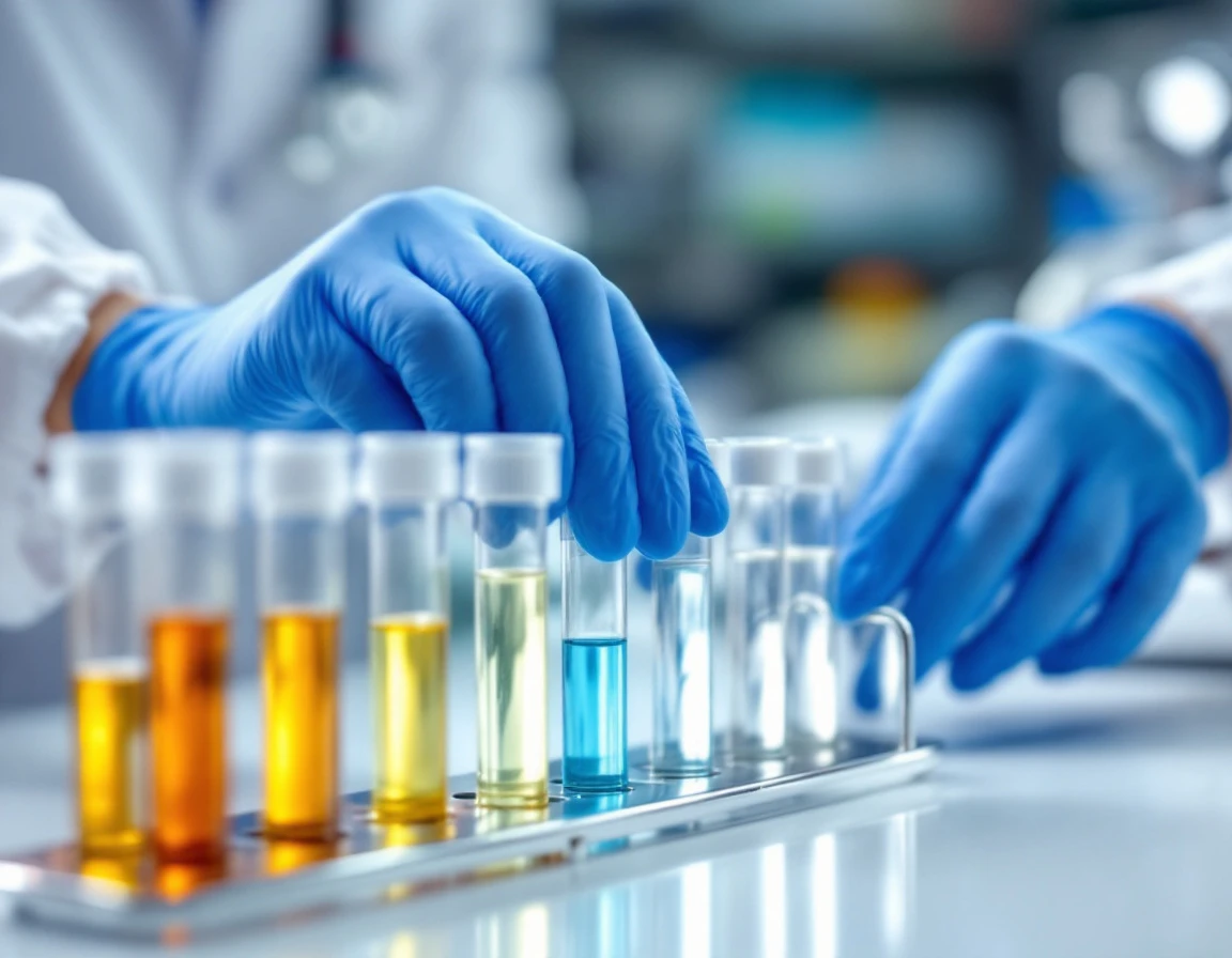 Laboratory technician hands in nitrile gloves organizing quality control sample vials on sterile workstation