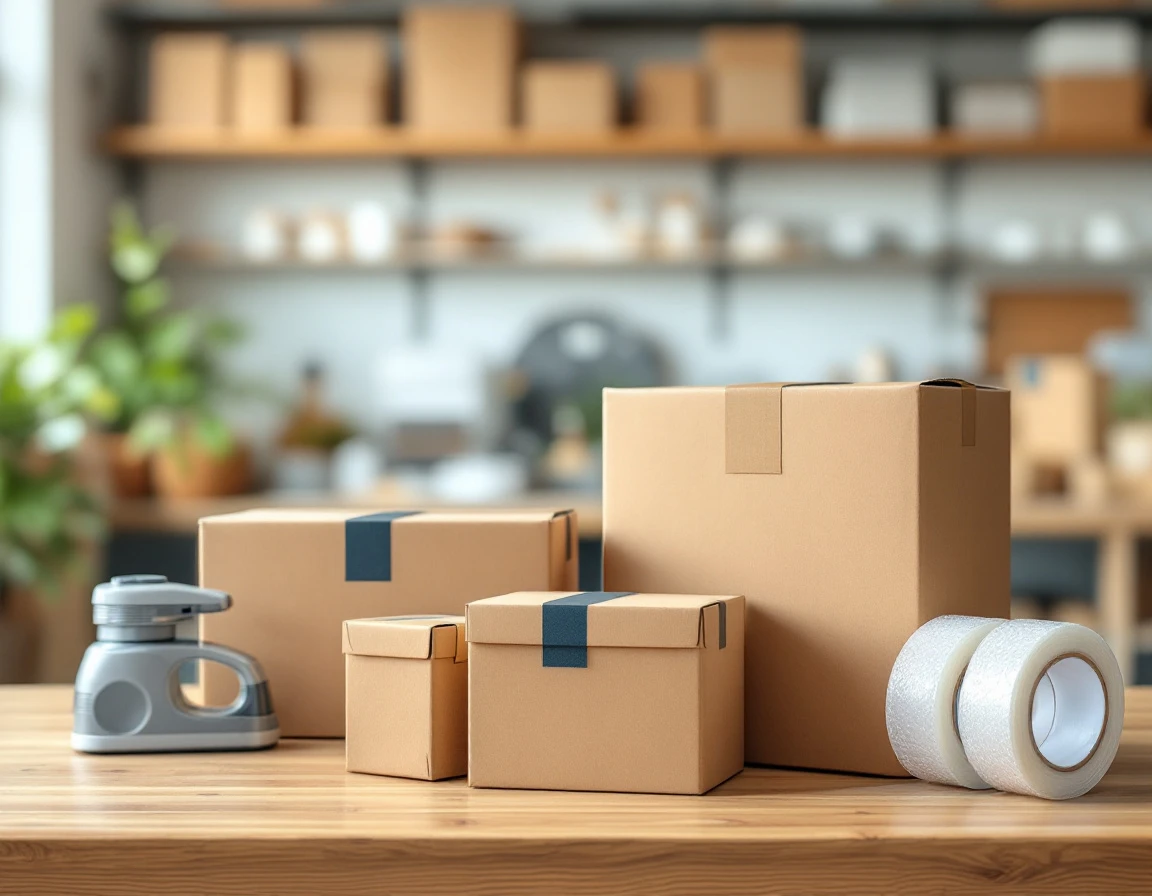 Pack-and-ship store counter with cardboard boxes, packing tape, and bubble wrap shipping supplies