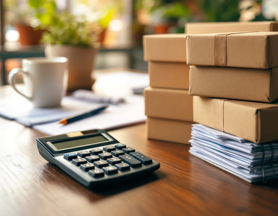 Calculator and shipping boxes on desk showing cost analysis workspace at pack-and-ship store