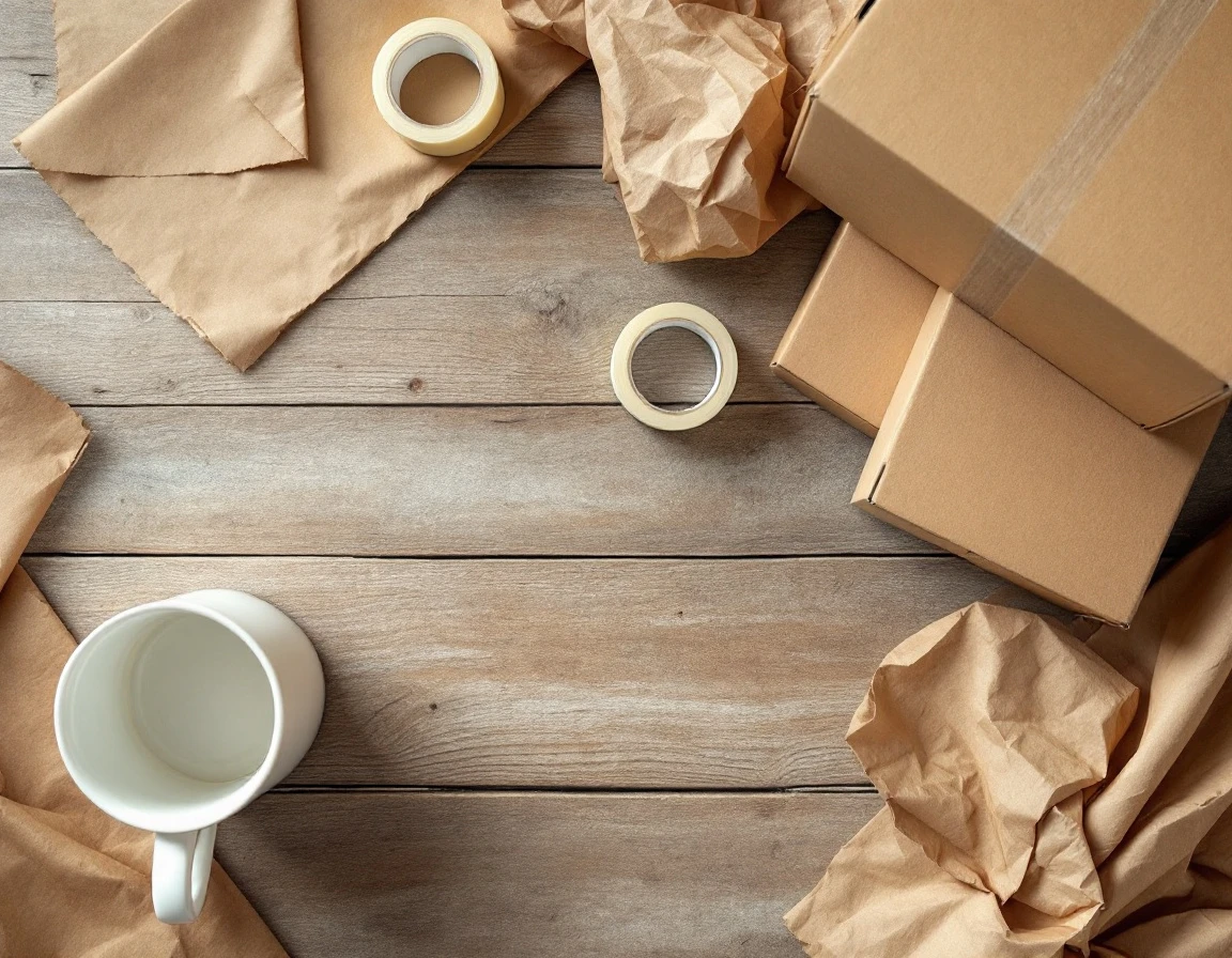 Shipping boxes and packing supplies arranged on workspace with coffee mug representing pack-and-ship operations
