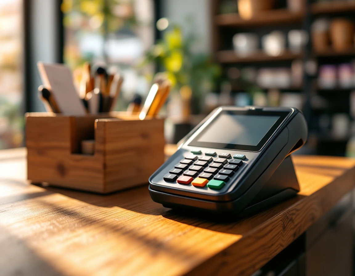 Modern POS terminal on wooden retail counter with natural window lighting and authentic material textures