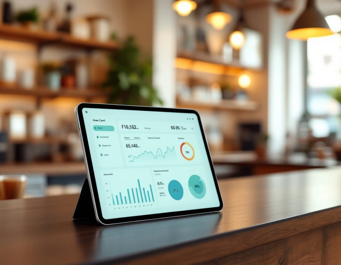 Modern tablet POS system on retail counter displaying inventory tracking dashboard with data visualizations