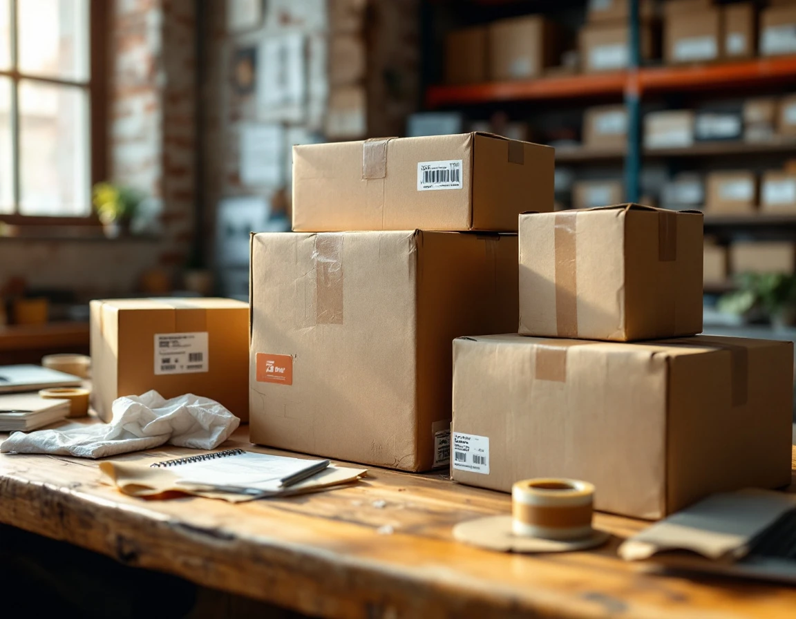 Pack-and-ship workspace with multiple carrier shipping boxes and comparison materials on counter