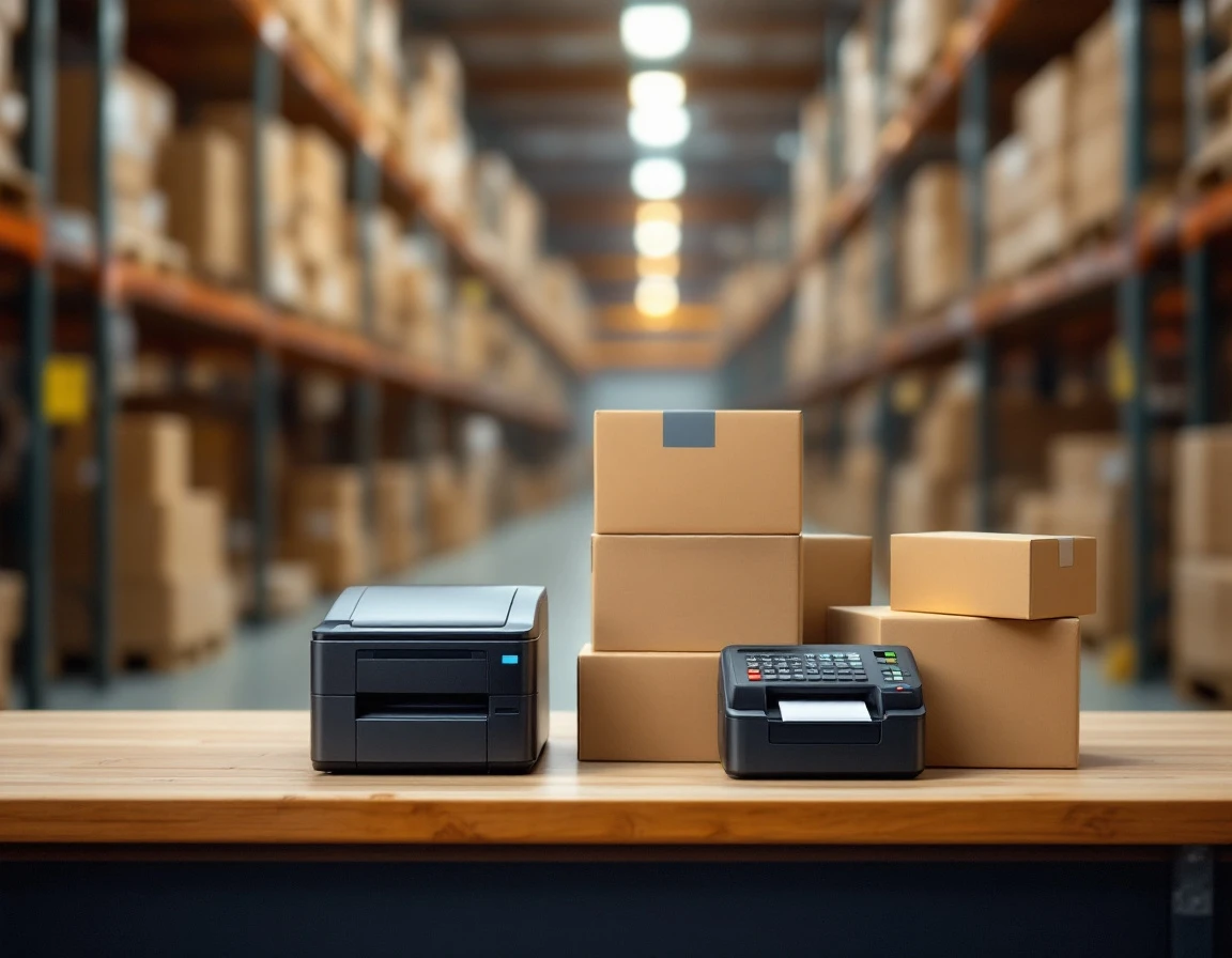 Thermal printer and POS terminal with shipping boxes in pack-and-ship facility workspace