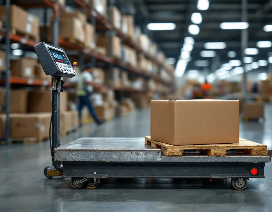 Industrial shipping scale with cardboard box in warehouse fulfillment center environment