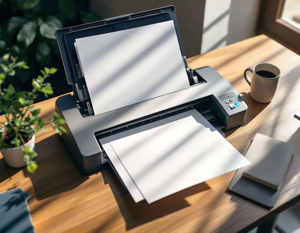 Professional document scanner with blank paper on wooden desk in natural office lighting