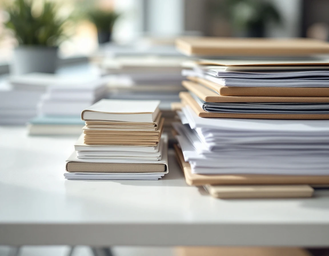Organized stacks of documents sorted by volume from small to large on an office desk