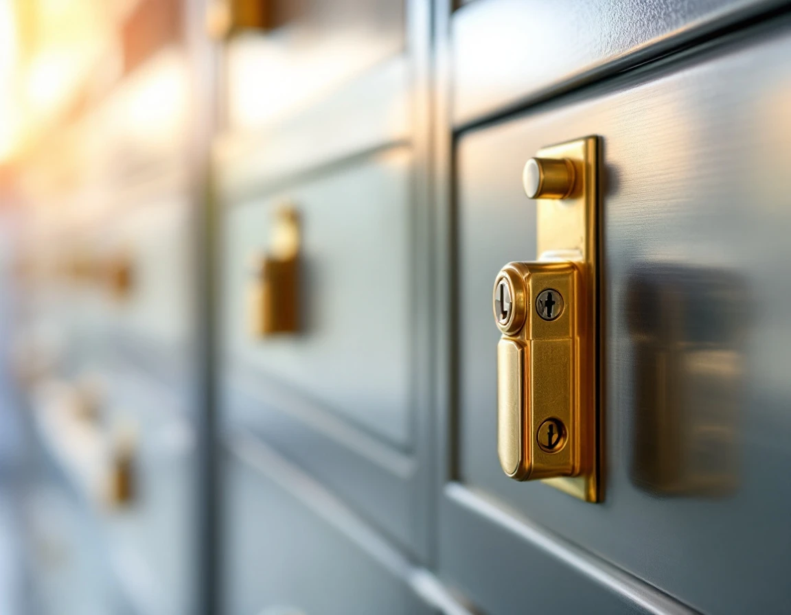 Commercial mailbox lock mechanism and rental compartment hardware in close detail