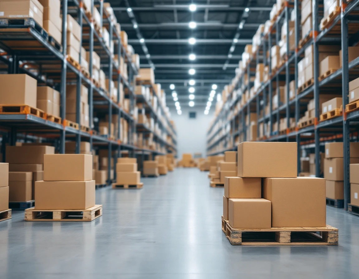 Organized warehouse shelving with stacked inventory boxes in modern fulfillment center