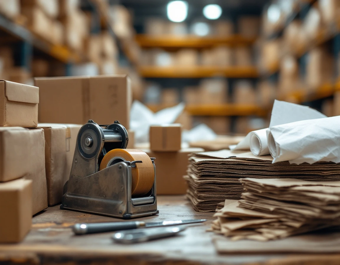 Packing station with cardboard boxes, paper tape dispenser, and shipping materials in warehouse fulfillment center