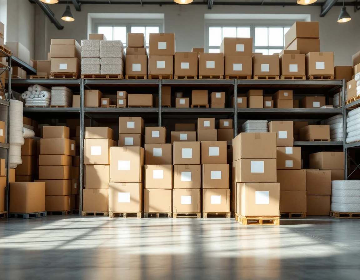 Organized inventory shelving with blank-labeled shipping boxes and packing materials in retail warehouse