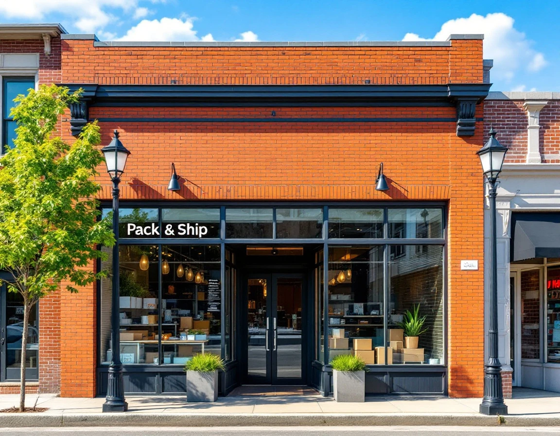 Modern brick storefront of a pack-and-ship business with large windows and professional entrance