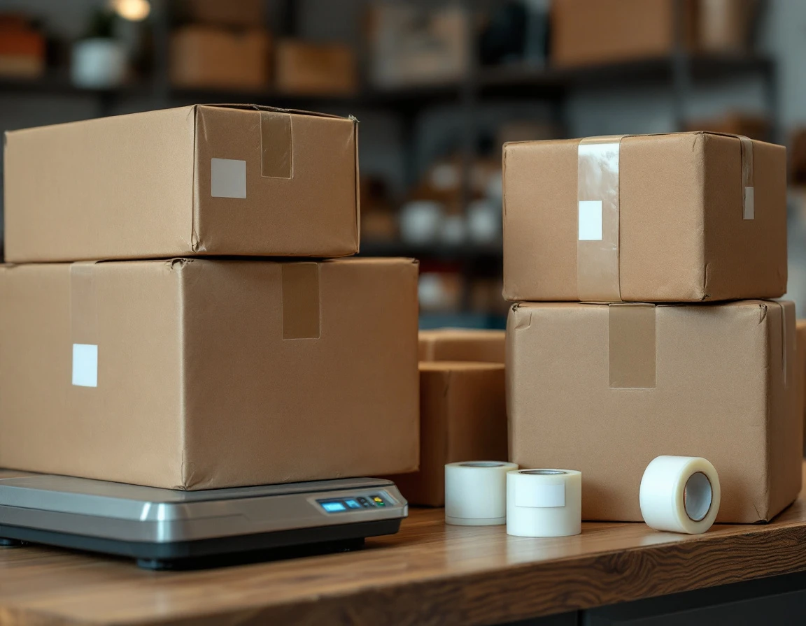 Worn cardboard shipping boxes with packing tape and scale on retail counter in small business mailroom