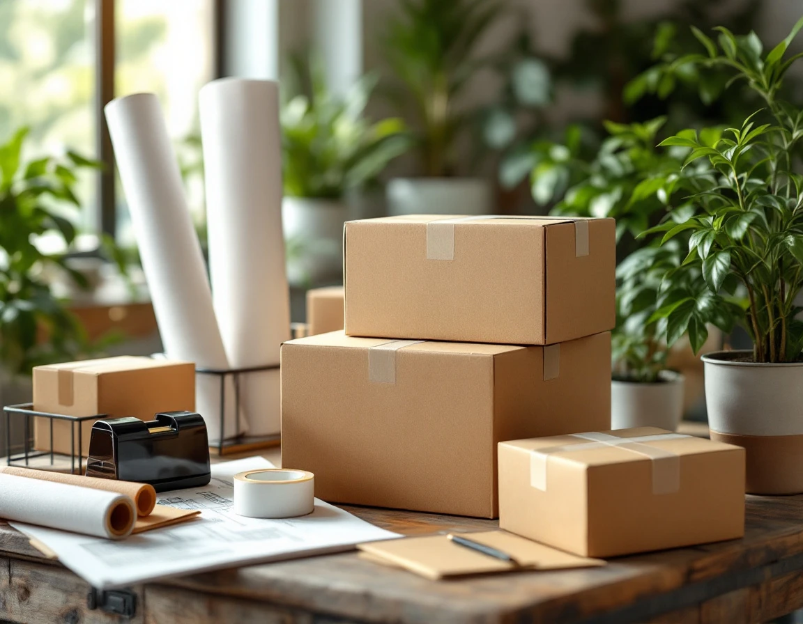 Cardboard boxes, rolled documents, and packing materials arranged on wooden desk in professional office setting