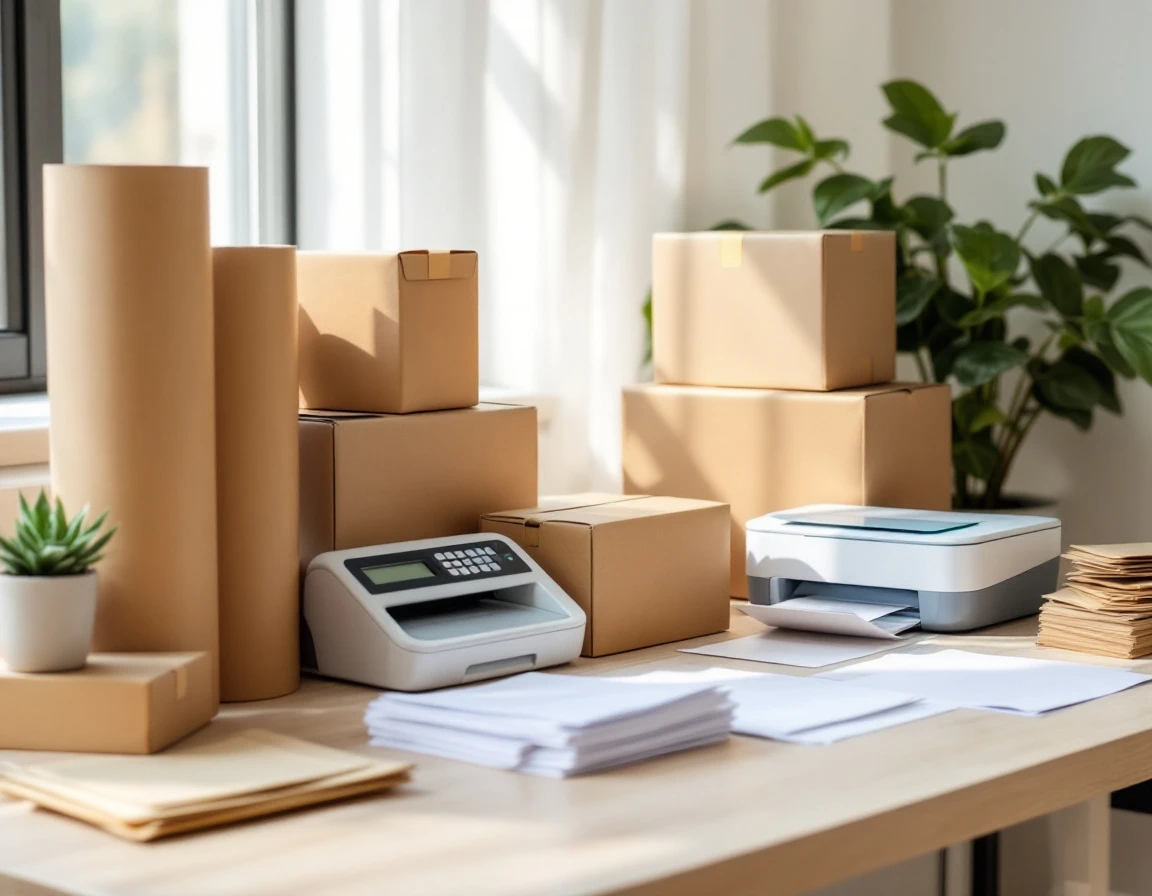 Organized shipping workspace with label printer, postal scale, and packaging materials on wood desk