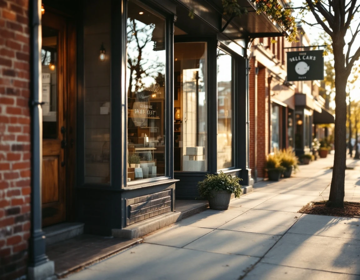 Empty small-town storefront with display windows and brick facade on quiet morning main street