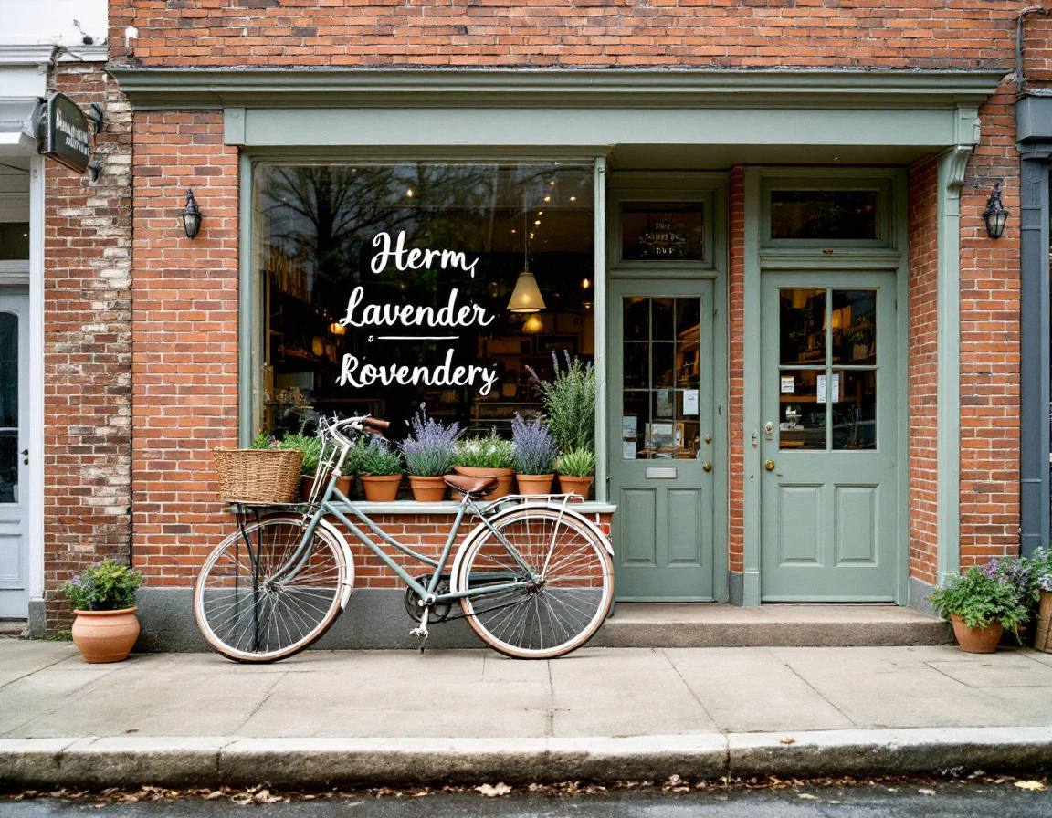 Small brick retail storefront with bicycle and potted herbs on quiet neighborhood street