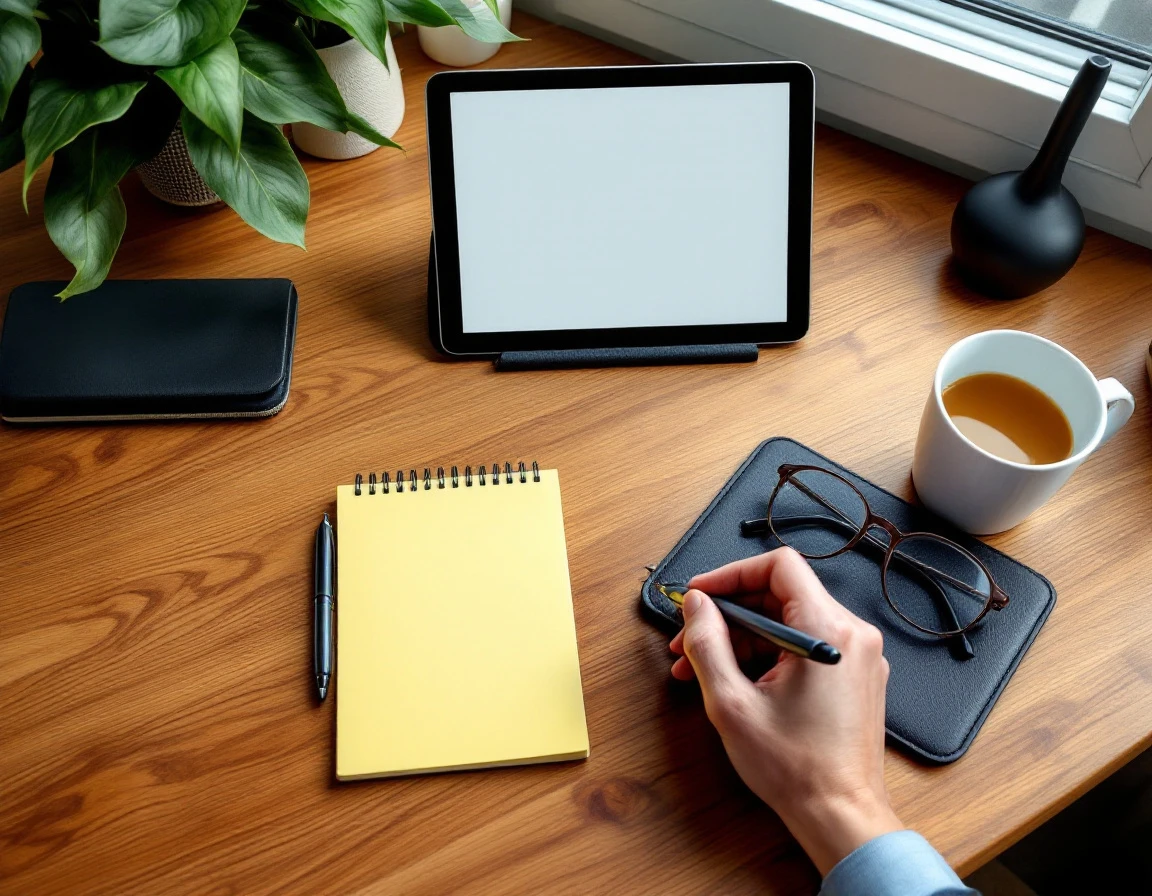 Organized office desk with notepad, coffee mug, and planning materials for new employee onboarding preparation