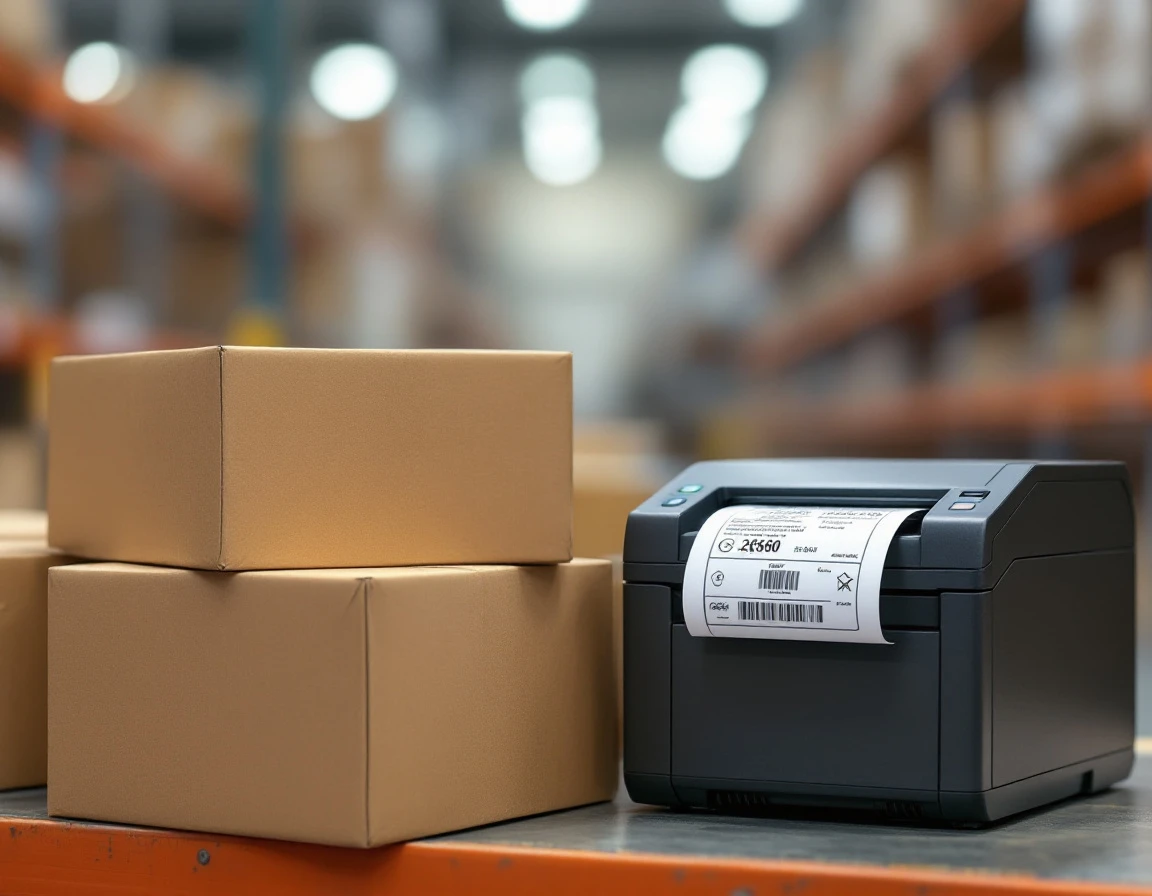 Thermal label printer processing shipping labels beside cardboard boxes in modern warehouse