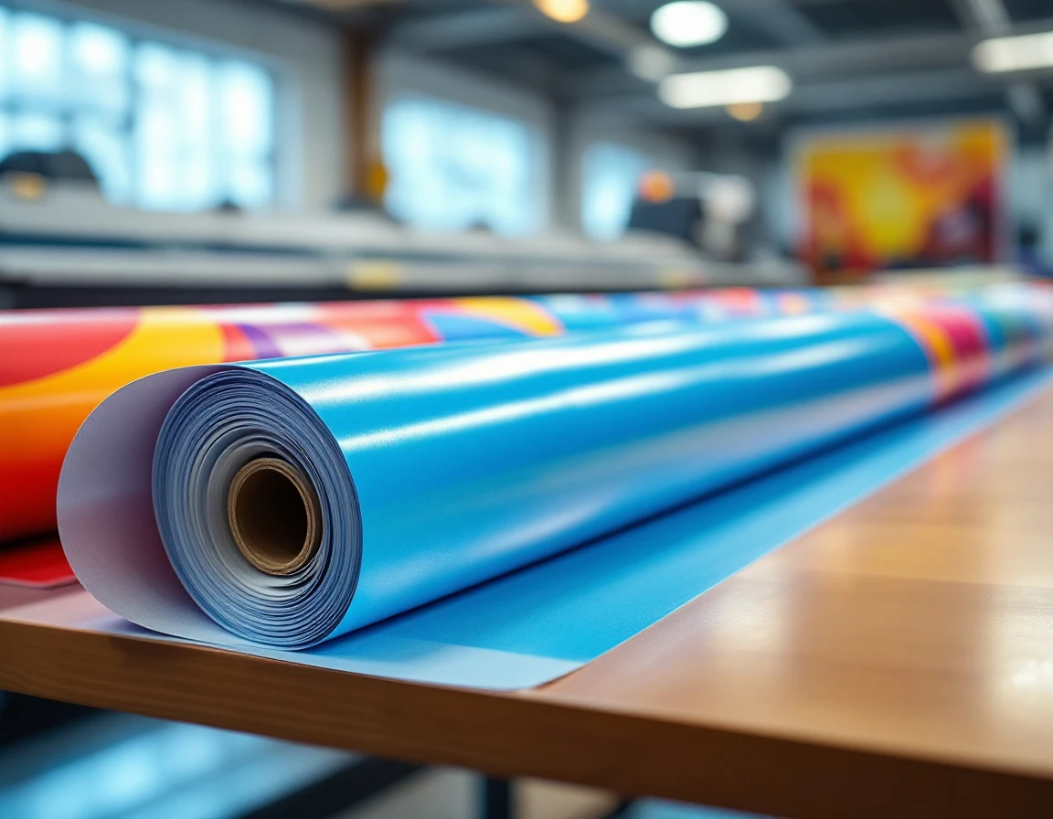 Rolled vinyl banners with metal grommets stacked on printing workbench showing glossy material texture