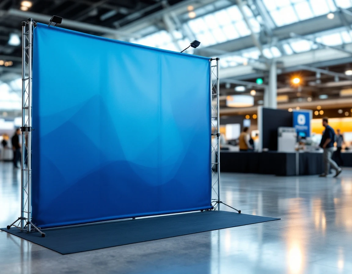 Portable tension fabric display booth with aluminum frame at convention center trade show venue
