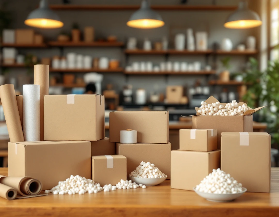 Shipping boxes and packaging materials arranged on retail counter in pack-and-ship store