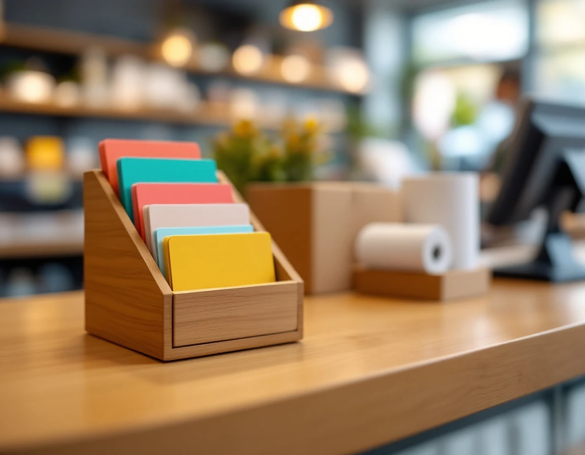 Retail counter with blank loyalty cards in wooden organizer beside modern POS terminal and packaging supplies