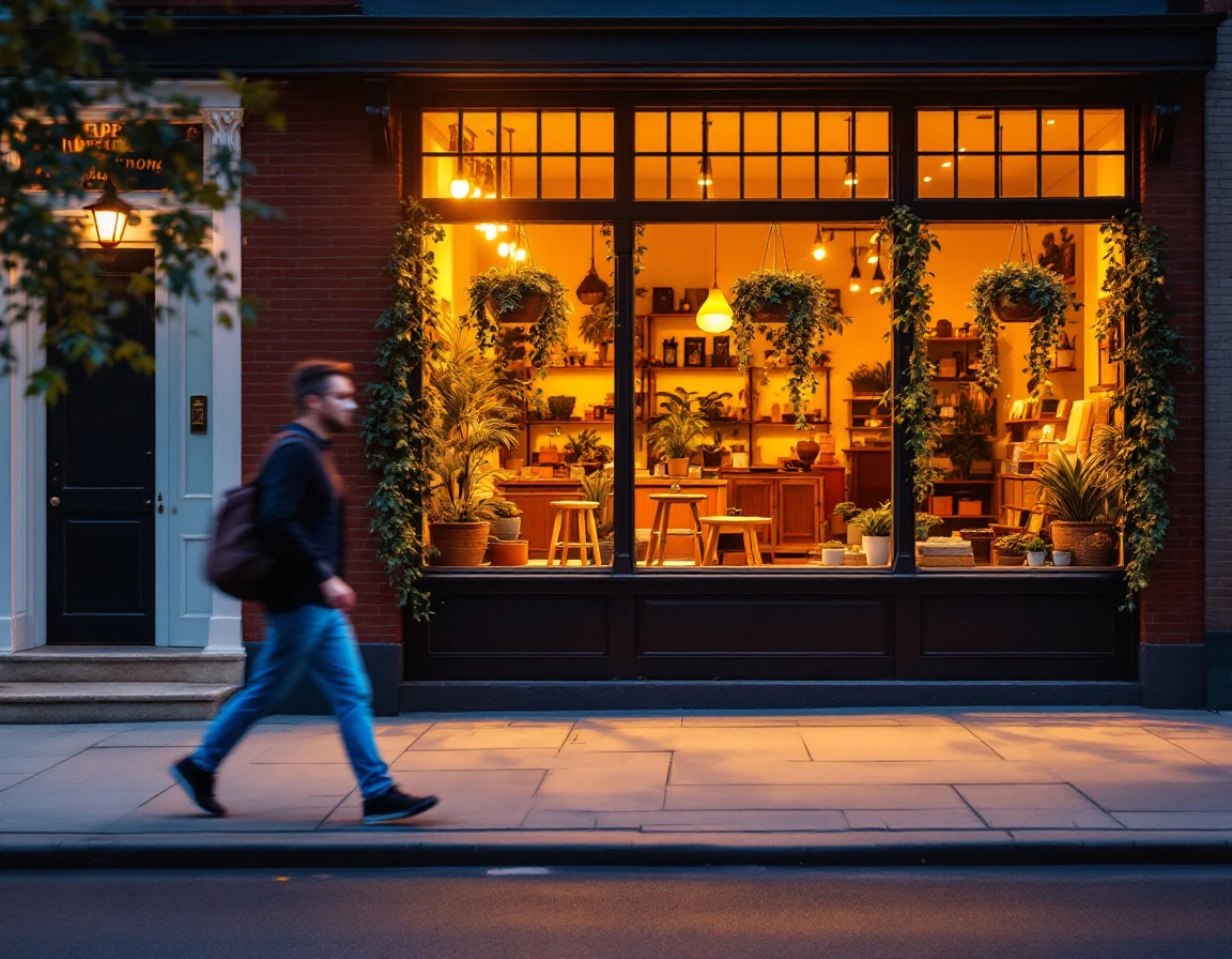 Independent retail storefront with warm lighting and welcoming window display during golden hour