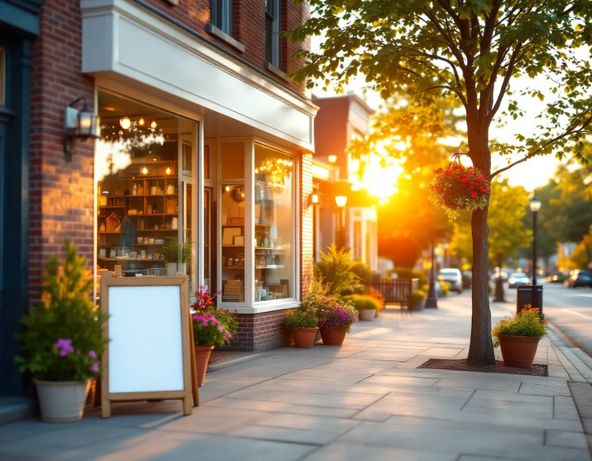 Independent retail storefront with welcoming entrance and seasonal display during golden hour