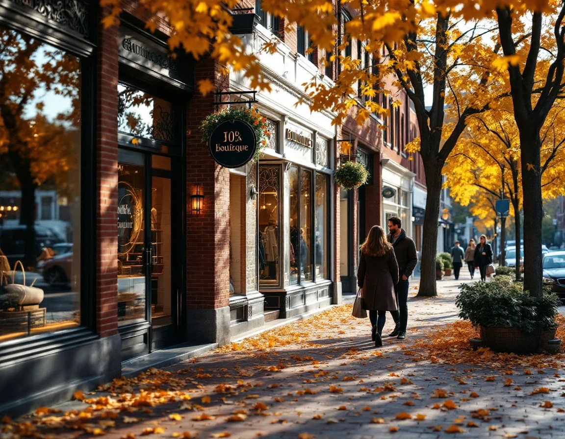 Autumn street scene with boutique storefronts and shoppers browsing along a downtown retail district sidewalk