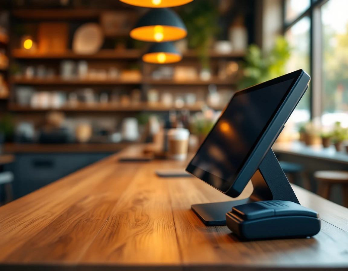 Modern POS terminal on wooden retail counter with receipt printer and card reader in small business setting