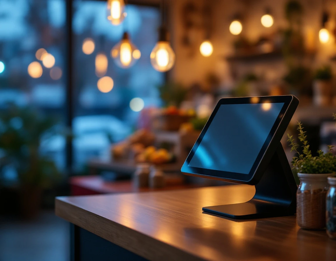 Modern POS terminal on retail checkout counter in dimly lit independent shop at closing time
