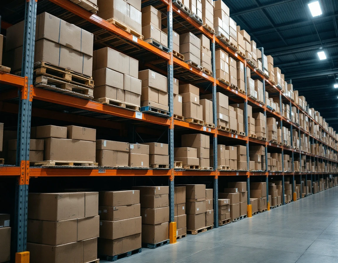 Organized warehouse shelving with cardboard inventory boxes showing systematic stock management and loss prevention layout