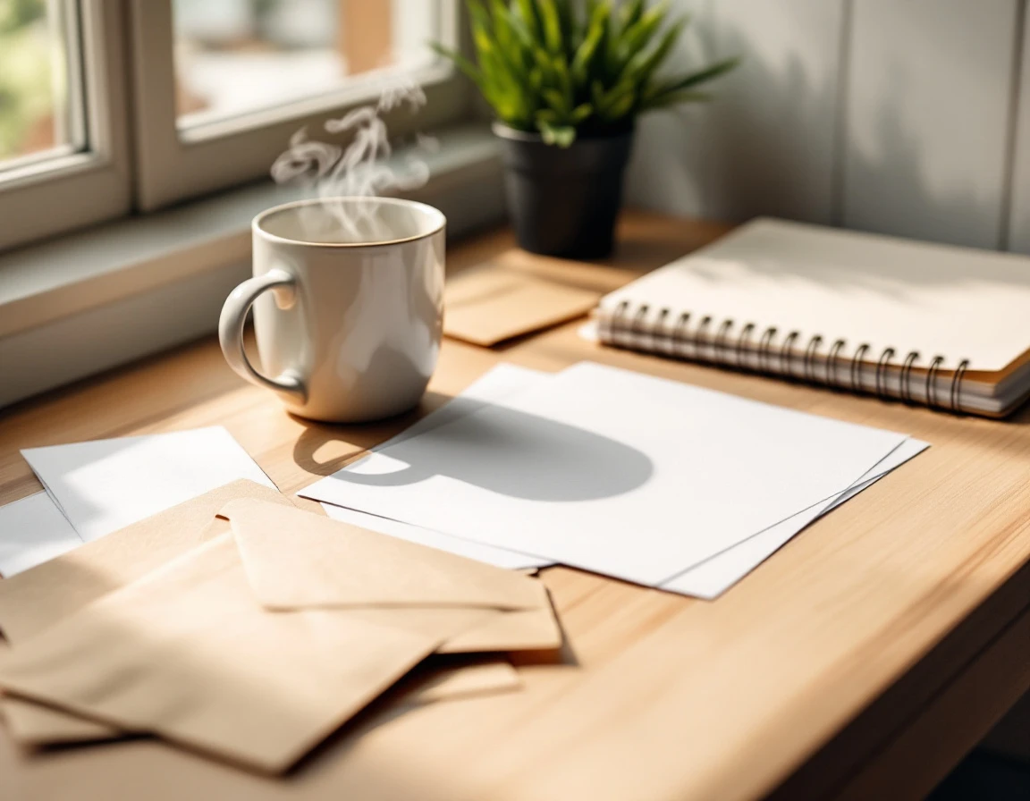 Organized print shop workspace with blank paper, coffee mug, and natural window lighting on wooden desk