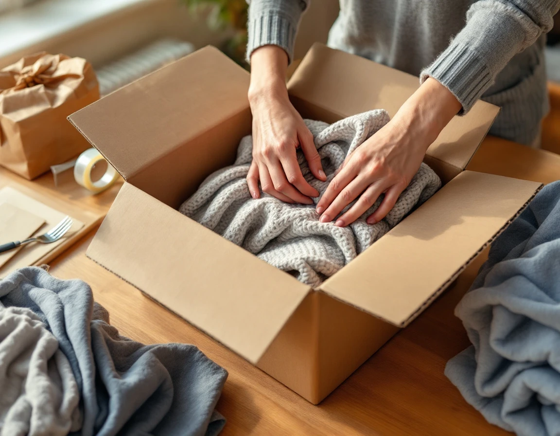 Hands folding blanket into unmarked cardboard box with packing materials on wooden table