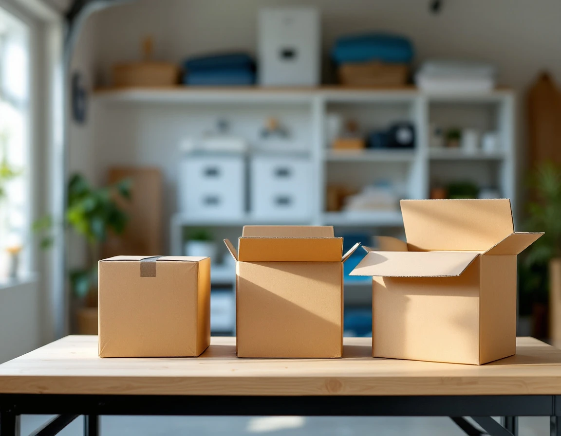 Three cardboard shipping boxes in small, medium, and large sizes displayed on packing table with dorm supplies