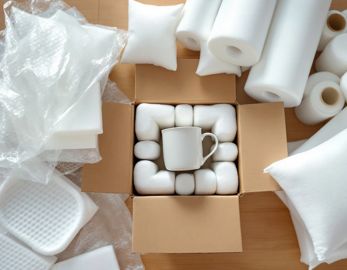 Bubble wrap, foam corner protectors, and cushioning materials arranged around a partially packed shipping box